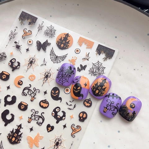 Halloween Nagelaufkleber Selbstklebend Geist Kürbis Spinnennetz Schloss Fledermaus Dekorative Nagelsticker Für Party Damen DIY