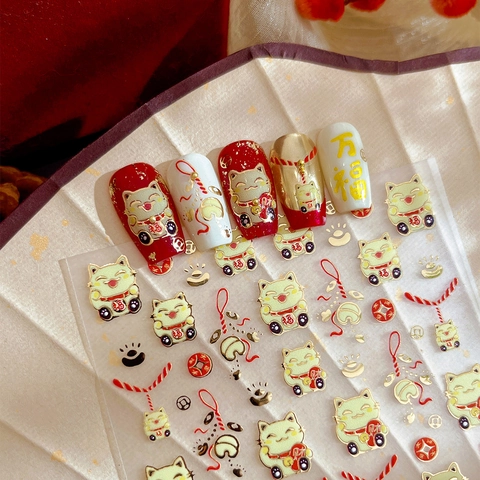 Adesivi per Nail Art con Gatto della Fortuna 3D Rilievo Bronzato Oro Rosso Maneki Neko Tradizionale Fai da Te Donna
