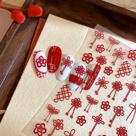 Adesivi per Unghie in Rilievo 3D Stile Cinese Rosso Nodo Cinese Motivo Fiore di Prugno Adesivo Decorazione Manicure Donna