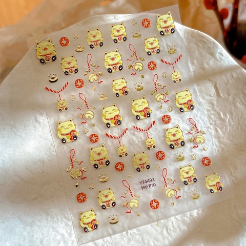 Adesivi per Nail Art con Gatto della Fortuna 3D Rilievo Bronzato Oro Rosso Maneki Neko Tradizionale Fai da Te Donna