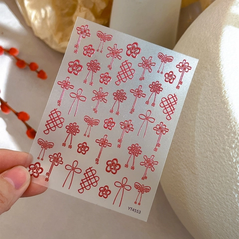 Adesivi per Unghie in Rilievo 3D Stile Cinese Rosso Nodo Cinese Motivo Fiore di Prugno Adesivo Decorazione Manicure Donna