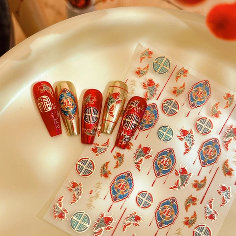Adesivi per Unghie in Stile Cinese di Capodanno con Stampa a Caldo Oro Pesci Koi Carattere di Benedizione Rilievo Unghie per Donna Decorazione Manicure