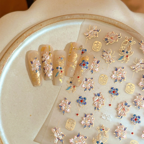 5D Geprägte Chinesische Stil Bronzierung Pfingstrose Blume Nail Art Aufkleber Selbstklebend Glückszeichen Gold Silber Nageldeko
