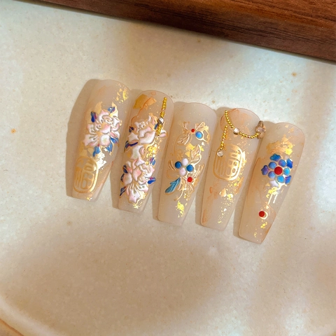 5D Geprägte Chinesische Stil Bronzierung Pfingstrose Blume Nail Art Aufkleber Selbstklebend Glückszeichen Gold Silber Nageldeko