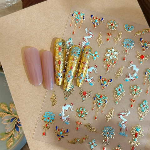 Chinesischer Stil Geprägt Nagelaufkleber Heißfolienprägung Lotus Kranich Wolke Muster Selbstklebend Vintage DIY Nageldekoration
