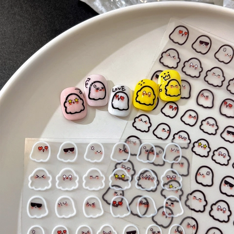 Simpatici Adesivi per Nail Art con Fantasmi dei Cartoni Animati in PVC Autoadesivi Espressioni Divertenti Decalcomanie per Manicure da Donna Decorazione per Unghie Fai da Te