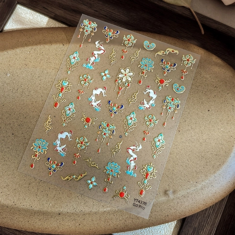 Chinesischer Stil Geprägt Nagelaufkleber Heißfolienprägung Lotus Kranich Wolke Muster Selbstklebend Vintage DIY Nageldekoration