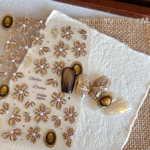 Franse Retro 5D Reliëf Goud Bloemen Nagelstickers Bronzing Bloemen Edelsteen Nagelkunst Decals Vrouwen DIY Manicure Decoratie
