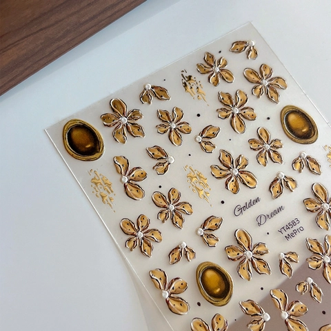 Franse Retro 5D Reliëf Goud Bloemen Nagelstickers Bronzing Bloemen Edelsteen Nagelkunst Decals Vrouwen DIY Manicure Decoratie