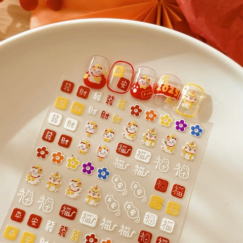 3D Embossed Lucky Cat Nail Art Stickers Festive Floral Patterns New Year Manicure Decoration For Women Nail Accessories