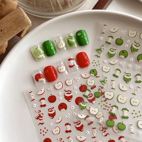 3D Relief Apple Nail Art Stickers Cute Red Green Fruit Pattern Adhesive Manicure Decals For Women Girls DIY Decoration