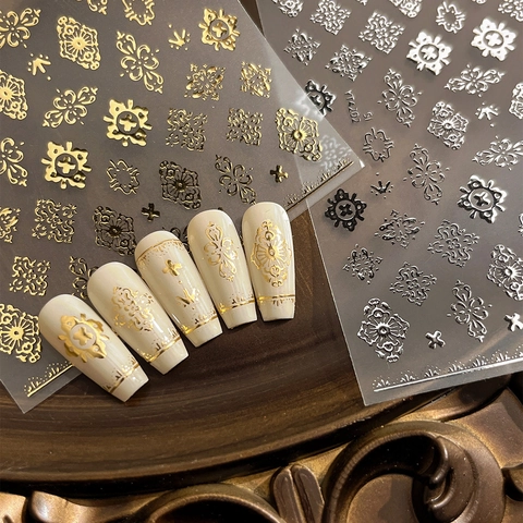 Vintage Bohemian Gold Silver Foil Nail Stickers Baroque Floral Mandala Pattern Self Adhesive Nail Art Decoration Stickers