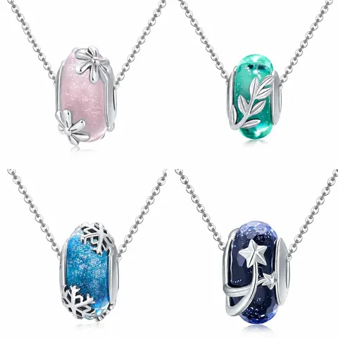 925 Sterling Silver Murano Glass Beads DIY Bracelet Making Pink Flower Green Leaf Blue Star Snowflake Charms Women Jewelry