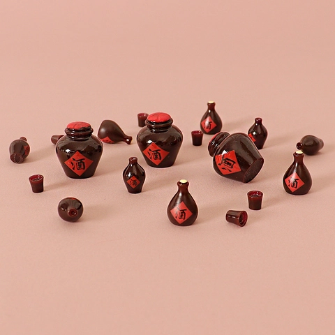 Miniature Chinese Wine Jars And Bottles And Cups Resin Micro Landscape Ornament Traditional Vintage Dollhouse Accessories