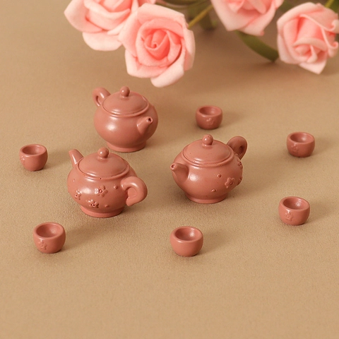 Miniature Dollhouse Tea Set Resin Purple Clay Style Teapot And Cups Set With Floral Relief For DIY Crafts Desktop Decoration