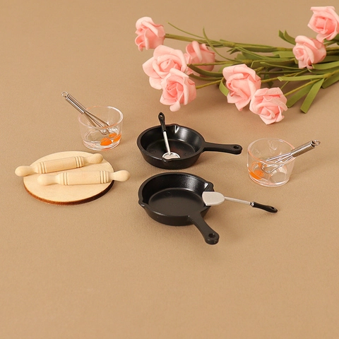 Miniature Dollhouse Kitchen Utensils Frying Pan Whisk Spatula Rolling Pin Egg Bowl Simulation Cooking Toy Scene Decor
