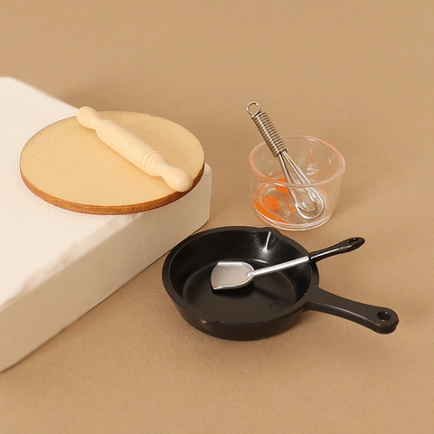 Miniature Dollhouse Kitchen Utensils Frying Pan Whisk Spatula Rolling Pin Egg Bowl Simulation Cooking Toy Scene Decor