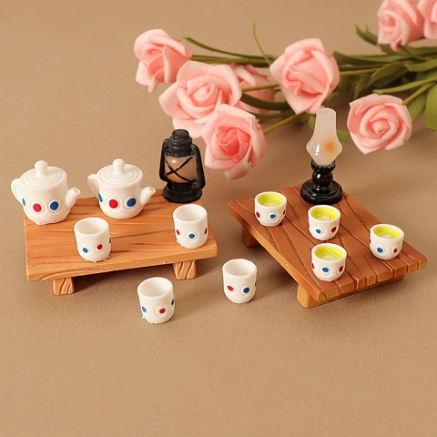 Miniature Dollhouse Tea Accessory Resin Tiny Teapot Cups Lantern Table Polka Dot DIY Craft Ornament Fairy Garden Decoration Accessory