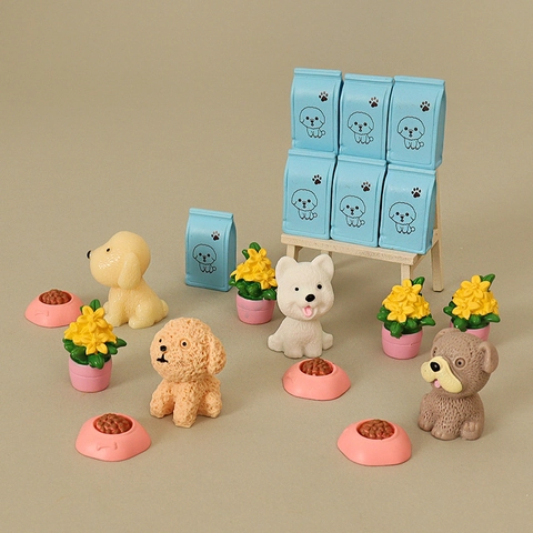 Miniature Resin Dog Figurine Set For Dollhouse Micro Landscape Decor Painted Puppy With Food Bag Bowl And Pot Plant Ornaments