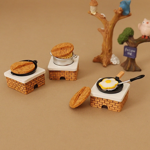 Miniature Dollhouse Kitchen Stove Set Resin Plastic Simulated Cooking Model Pastoral Style Micro Landscape Decor Accessories