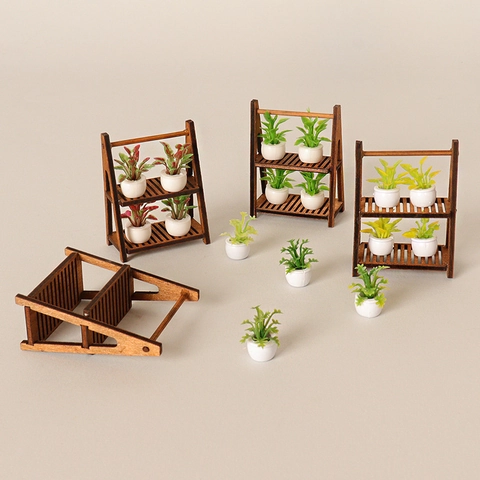 Miniatur Puppenhaus Holz Pflanzenständer Regal Mit Topfpflanzen Simulation Grün Mini Möbel Modell DIY Dekoration Ornamente