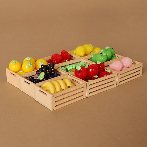 Miniatur Puppenhaus Obstbox Modell Holzkiste Harz Früchte Simulation Essen Spiel DIY Winzige Landschaft Ornamente Dekoration