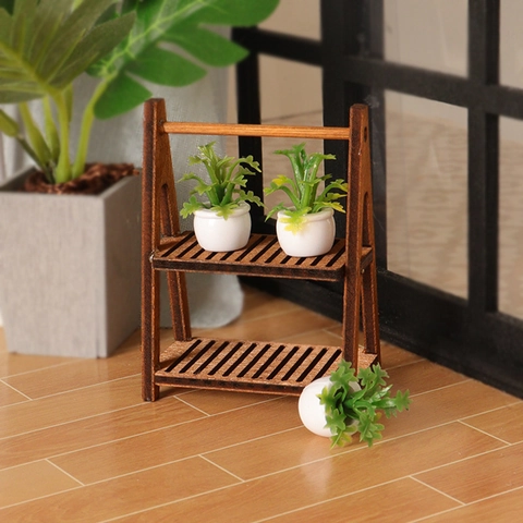 Miniatur Puppenhaus Holz Pflanzenständer Regal Mit Topfpflanzen Simulation Grün Mini Möbel Modell DIY Dekoration Ornamente