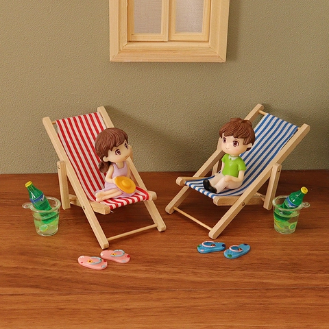 Miniature Wooden Folding Beach Chair Dollhouse Furniture Stripe Canvas Lounge Chair DIY Fairy Garden Home Scene Decoration Ornaments