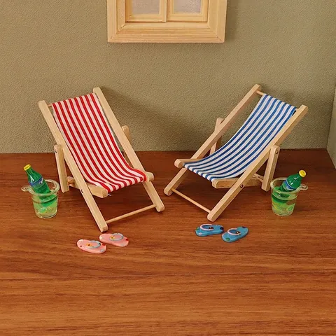 Miniature Wooden Folding Beach Chair Dollhouse Furniture Stripe Canvas Lounge Chair DIY Fairy Garden Home Scene Decoration Ornaments
