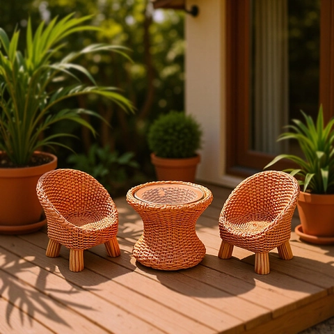 Miniature Dollhouse Woven Furniture Set Resin Simulation Table And Chairs For DIY Micro Landscape Scene Decor Warm Brown