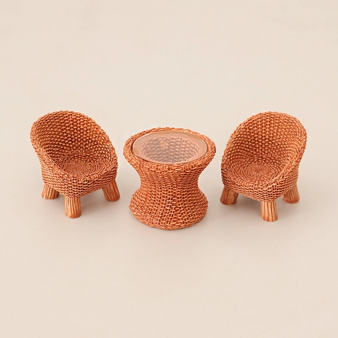 Miniature Dollhouse Woven Furniture Set Resin Simulation Table And Chairs For DIY Micro Landscape Scene Decor Warm Brown
