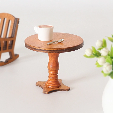 Miniature Dollhouse Wooden Round Table Model Retro Pedestal Base Furniture Accessory For Micro Scene Decoration Wooden Decor