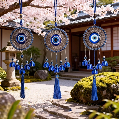Blue Metal Evil Eye Wind Chime Vintage Nazar Turkish Charm Hanging Ornament With Bells Tassel For Home Garden Decor