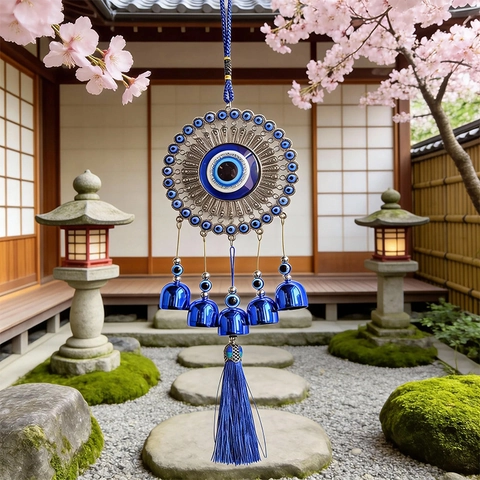Blue Metal Evil Eye Wind Chime Vintage Nazar Turkish Charm Hanging Ornament With Bells Tassel For Home Garden Decor