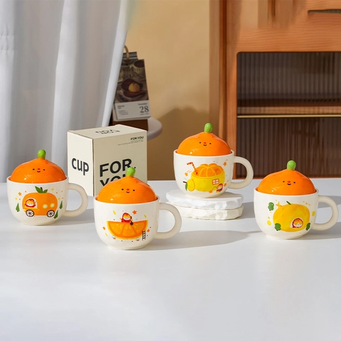 Creative Ceramic Mug With Tangerine Persimmon Lid Auspicious Chinese Style Porcelain Coffee Water Cup Home Office Gift Porcelain Mug