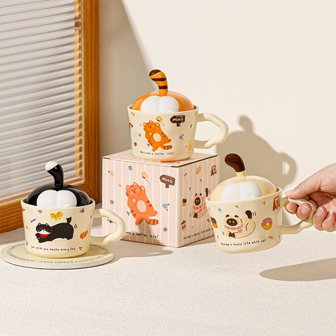 Tazza Creativa in Ceramica con Coperchio Arancione 3D e Cucchiaio Tazza da Caffè in Porcellana con Animali per Ufficio Donna