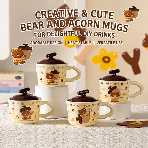 Simpatica Tazza in Ceramica con Orso Cartone Animato Con Coperchio e Cucchiaio Estetica Dipinta a Mano Resistente al Calore Casa Ufficio Regalo Donna