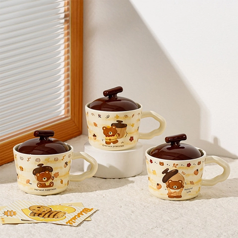 Simpatica Tazza in Ceramica con Orso Cartone Animato Con Coperchio e Cucchiaio Estetica Dipinta a Mano Resistente al Calore Casa Ufficio Regalo Donna