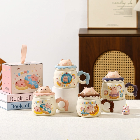 Tazza in Ceramica con Animali dei Cartoni Animati Dipinti a Mano Con Coperchio a Figurina 3D Simpatica Tazza da Caffè per Casa Ufficio