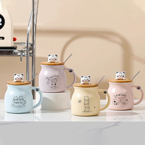 Cartoon Cat Ceramic Mug Set With Wood Lid 3D Cat Topper And Metal Spoon High Temperature Resistant Drinking Cup For Office Home Students Gift