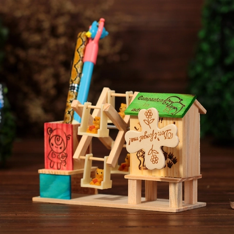 Pastoral Wooden Windmill Music Box Rotating Ferris Wheel Desktop Pen Holder Office Stationery Storage Box Handmade Wood Gift For Students
