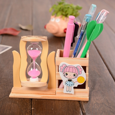 Creative Wooden Hourglass Pen Holder Cartoon Bear Rabbit Ornament Desktop Organizer Timer For Students Office Gift