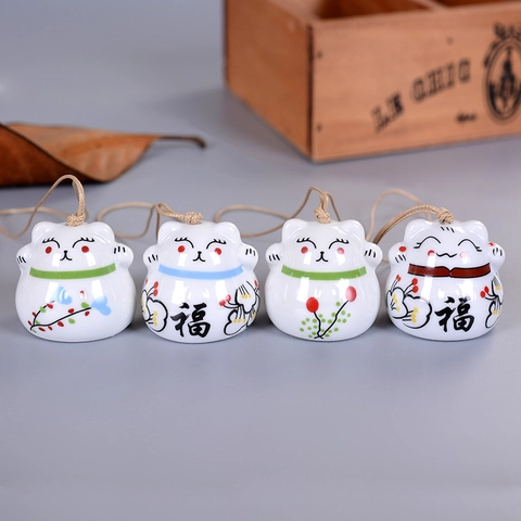 Campanilla de Viento de Cerámica Maneki Neko Japonesa Adorno Colgante Gato de la Fortuna para Decoración de Hogar Coche Regalo