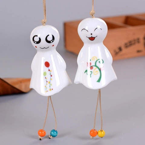 Campanello Eolico in Ceramica Stile Giapponese Teru Teru Bozu Ornamento Appeso Fatto a Mano Viso Sorridente Arredamento Casa