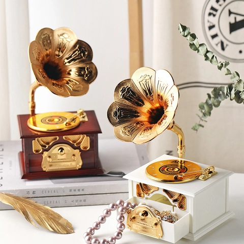Carillon Retro Grammofono Fonografo Vintage Cassetto Portagioie Ornamento Meccanico Stile Antico Decorazione Casa Regalo