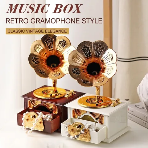 Retro Gramophone Phonograph Music Box Vintage Jewelry Storage Drawer Mechanical Ornament Antique Style Home Decor Gift