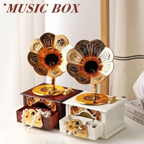 Carillon Retro Grammofono Fonografo Vintage Cassetto Portagioie Ornamento Meccanico Stile Antico Decorazione Casa Regalo