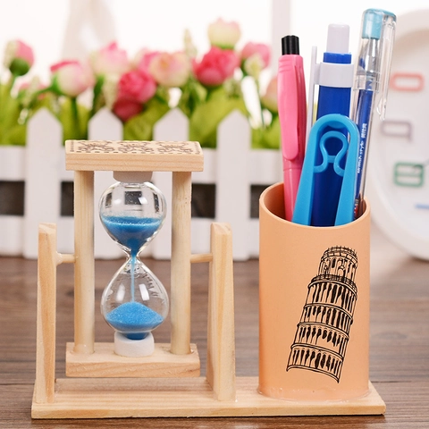 Clessidra Girevole in Legno Con Portapenne per Decorazione Scrivania Cancelleria Creativa per Ufficio Regalo per Studenti