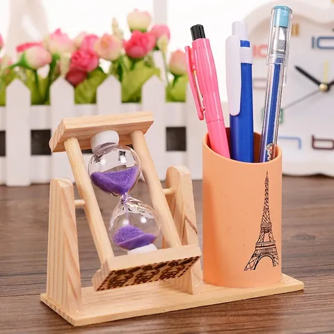 Clessidra Girevole in Legno Con Portapenne per Decorazione Scrivania Cancelleria Creativa per Ufficio Regalo per Studenti