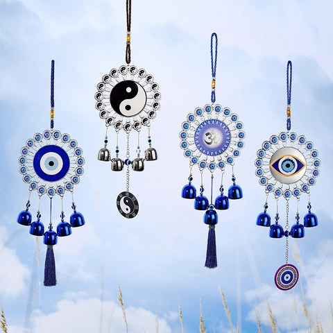 Metal Evil Eye Wind Chimes Handmade Yin Yang Om Hamsa Hand Hanging Decoration Blue Silver Lucky Amulet Home Decor Bells